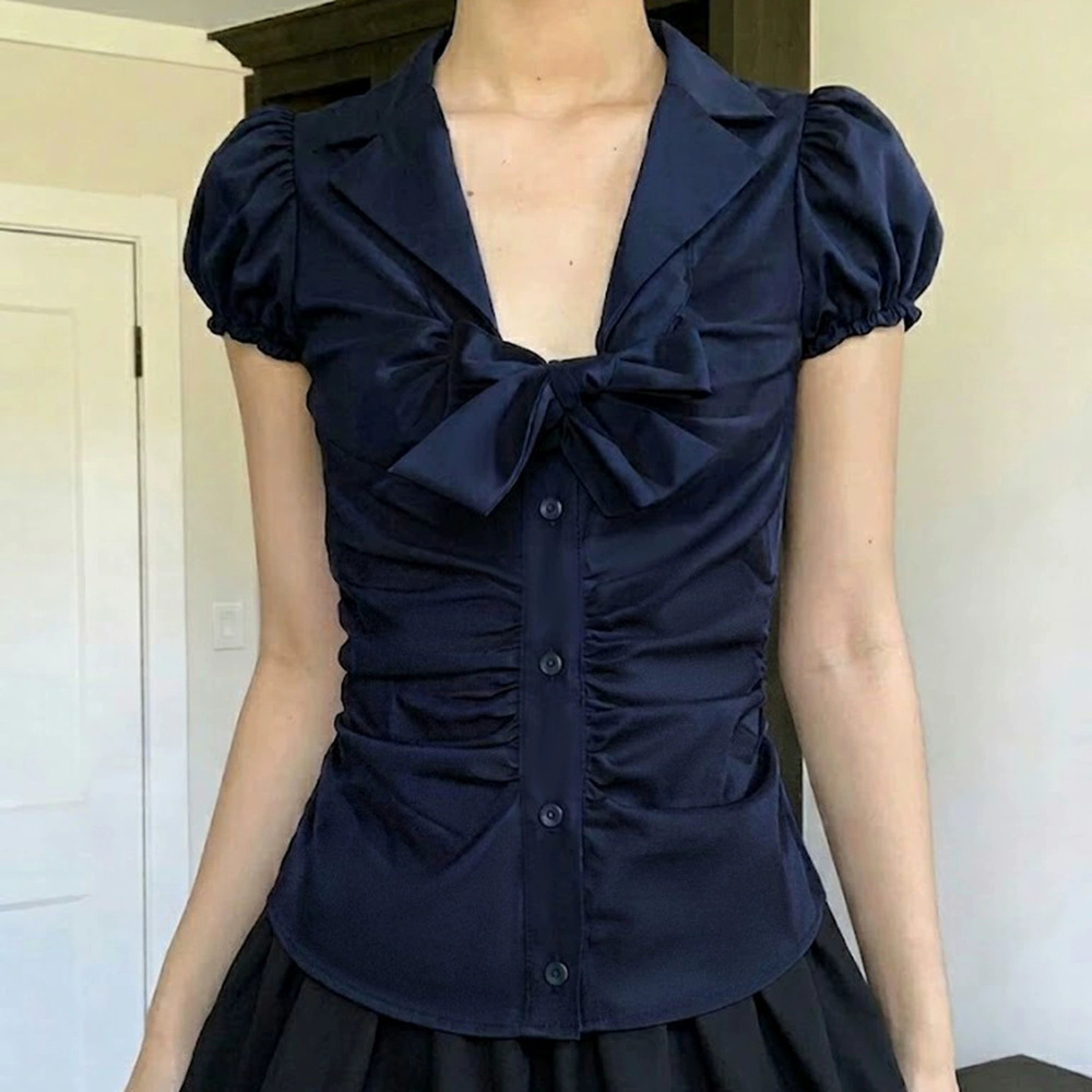 Zara Bowknot Short Sleeve Blouse Summer Casual Slim Waist Lapel Top
